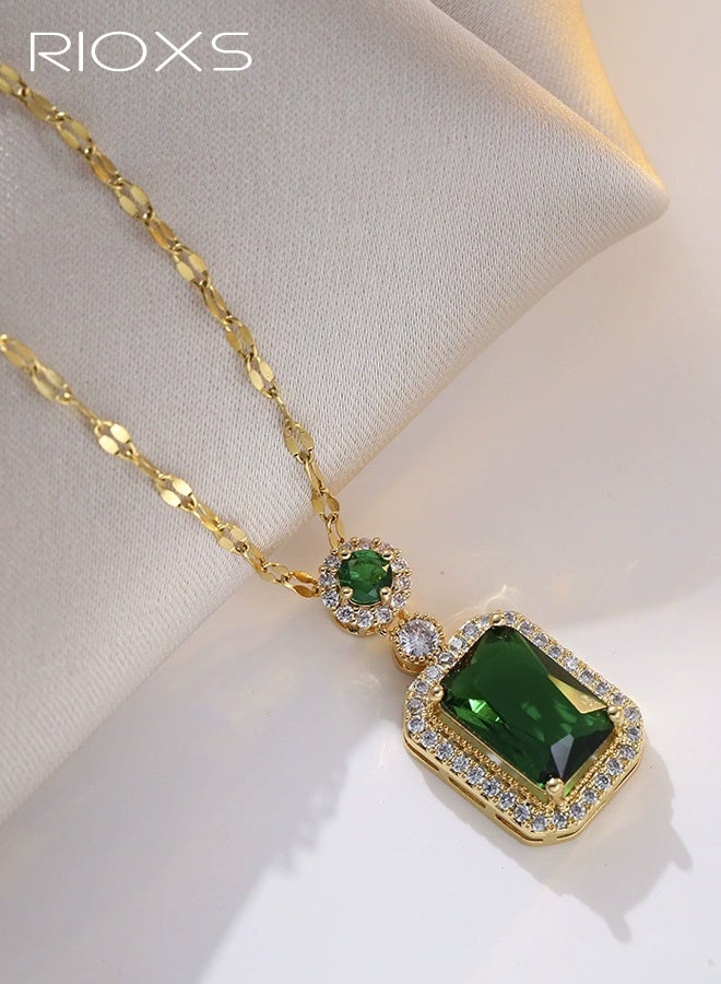 RIOXS 3-Piece Women's Emerald Jewelry Set, Zircon Square Pendant Earrings, Hypoallergenic Diamond-Studded Stainless Steel Necklace, Exquisite Minimalist Large Gemstone Ring, Oxidation-Resistant Layered Jewelry Set for Casual and Formal Occasions - Image 3